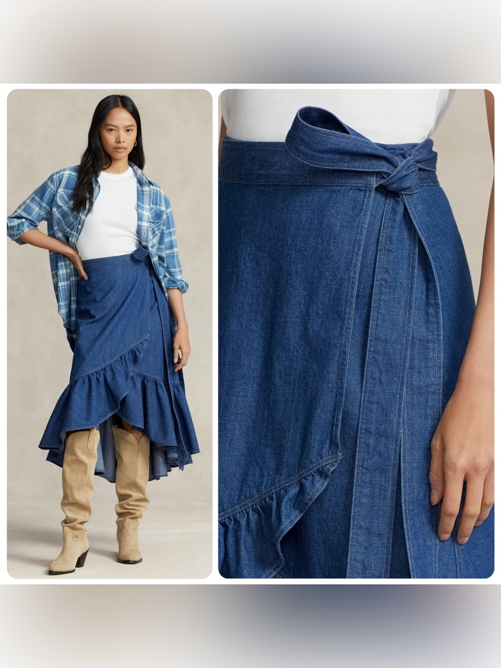 NEW! Polo by Ralph Lauren Dark Blue Denim Wrap High-Low Ruffle Skirt